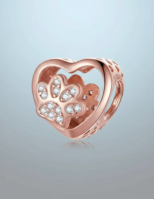 Rose Gold Heart Paw Print Charm