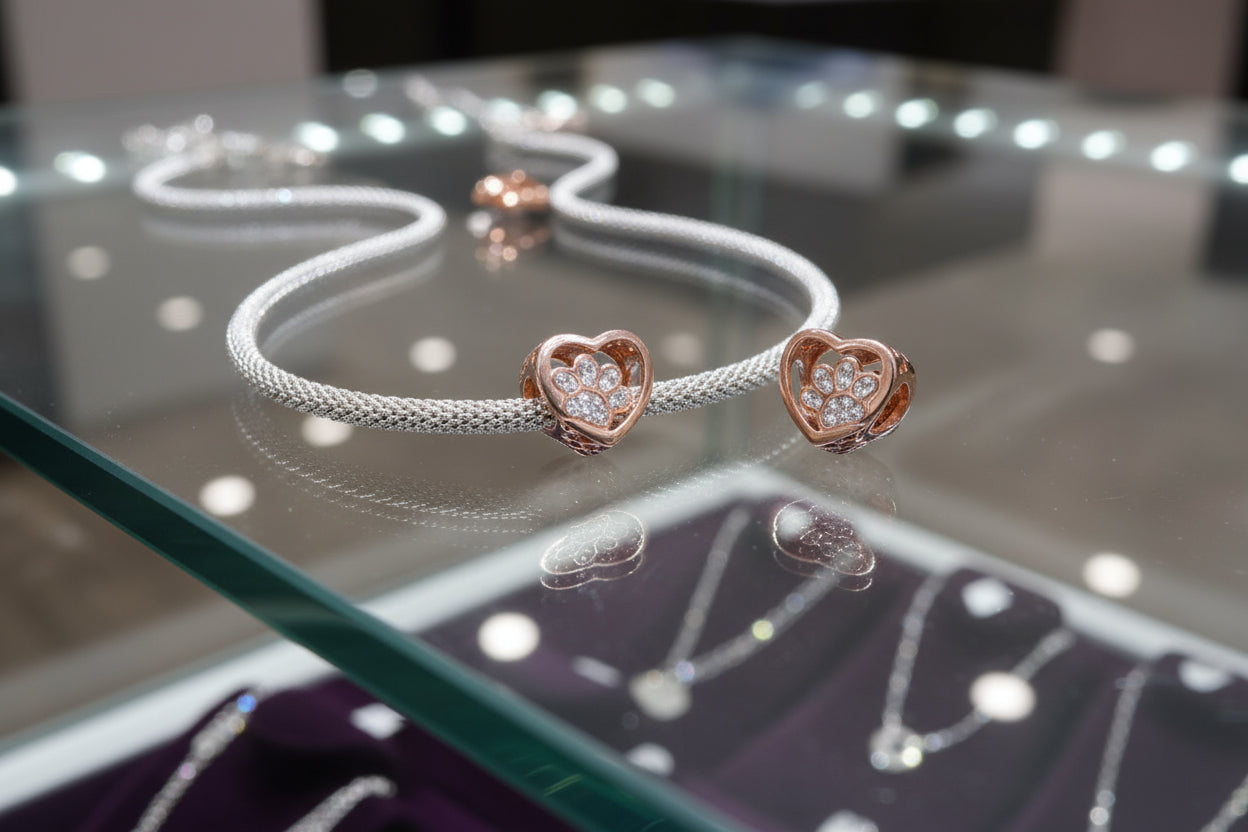 Rose Gold Heart Paw Print Charm