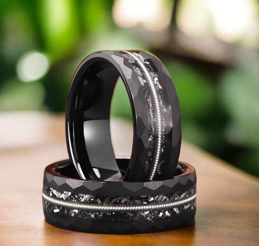 Men's Black Hammered Tungsten & Guitar String Band